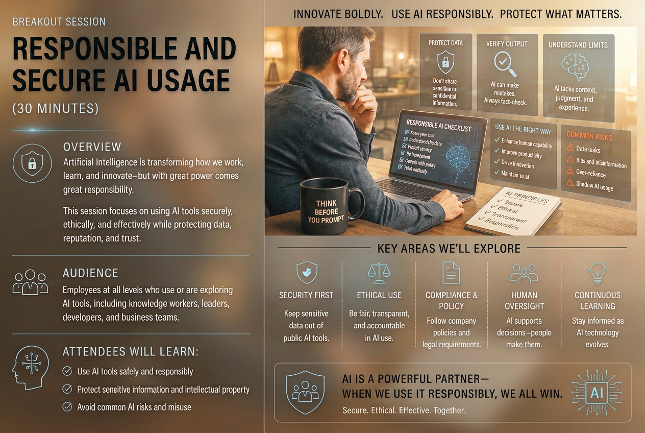 Responsible and Secure AI Usage breakout — responsible AI checklist, principles, and common risks.