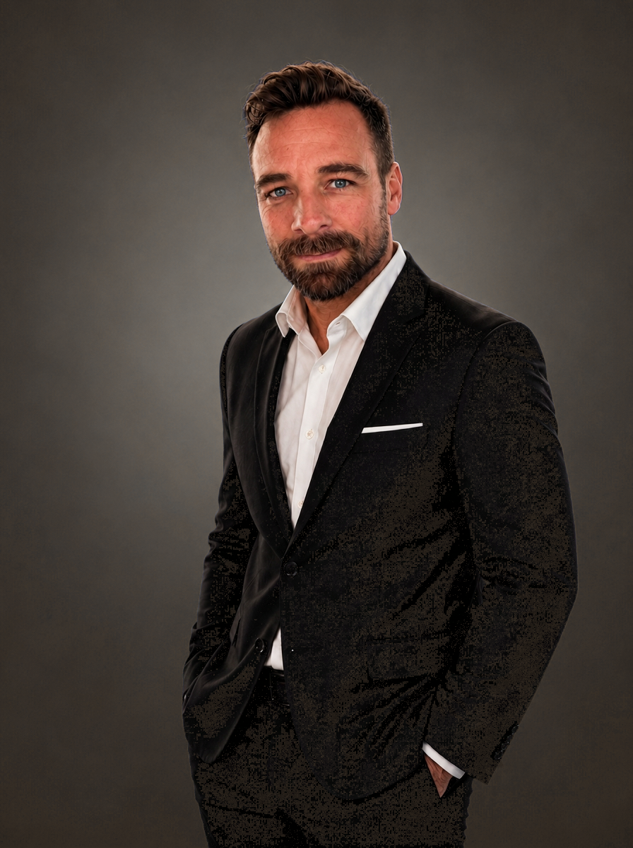 Portrait of Jacob Revord in a black suit and white shirt.