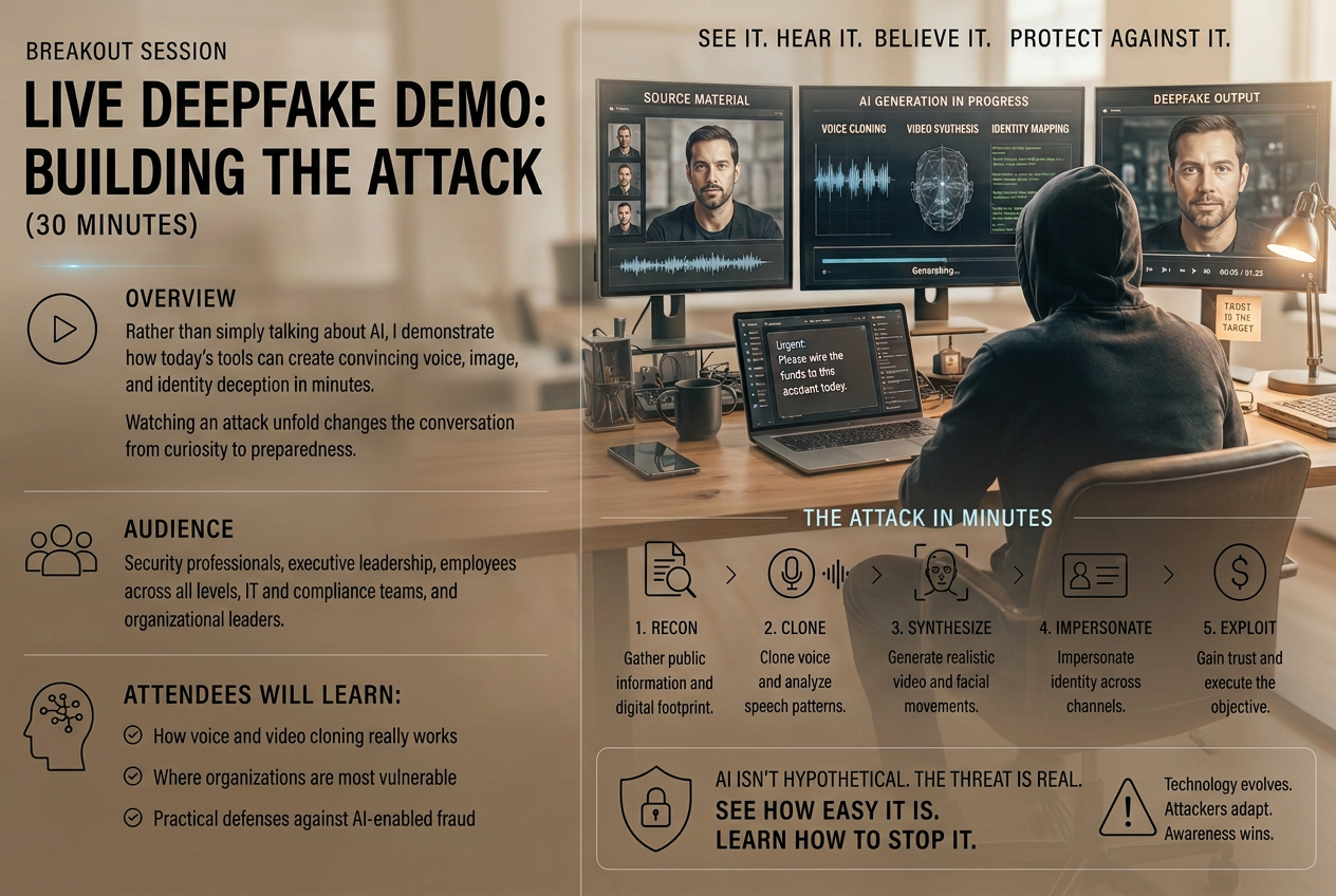 Live Deepfake breakout — attacker generating cloned voice, video, and identity from source material.