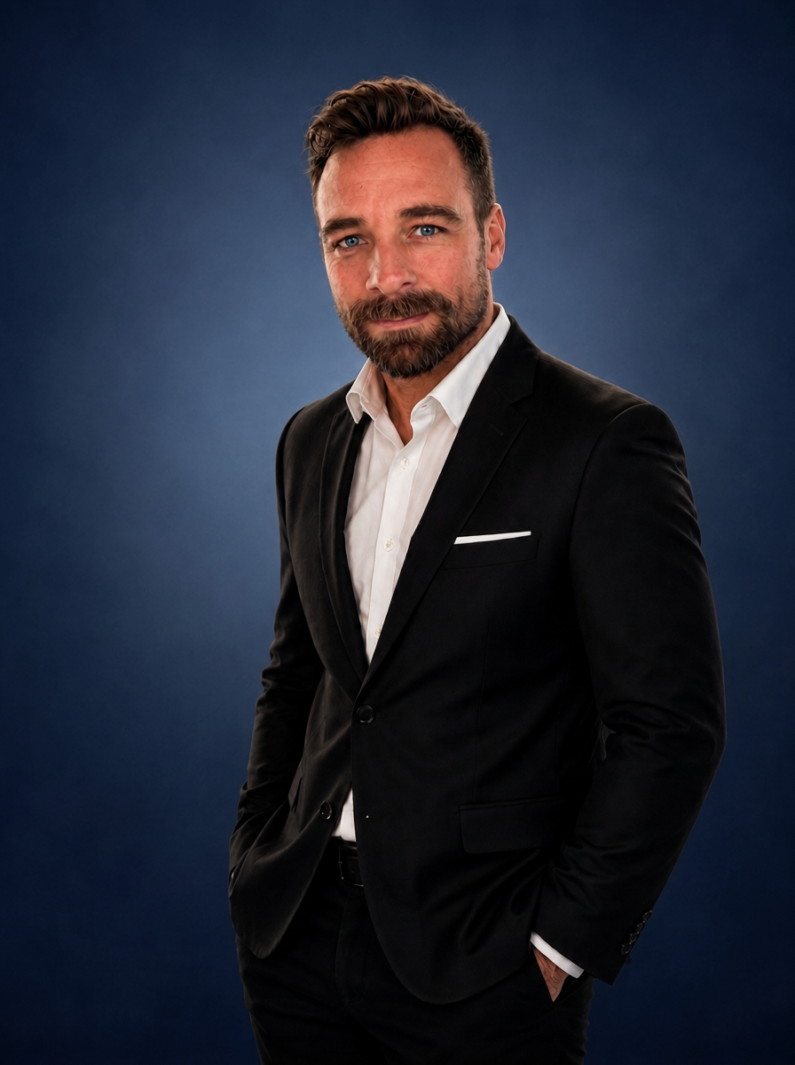 Portrait of Jacob Revord in a black suit and white shirt.