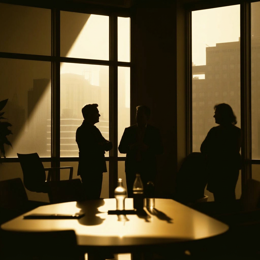 Silhouette of executives in a boardroom advisory discussion
