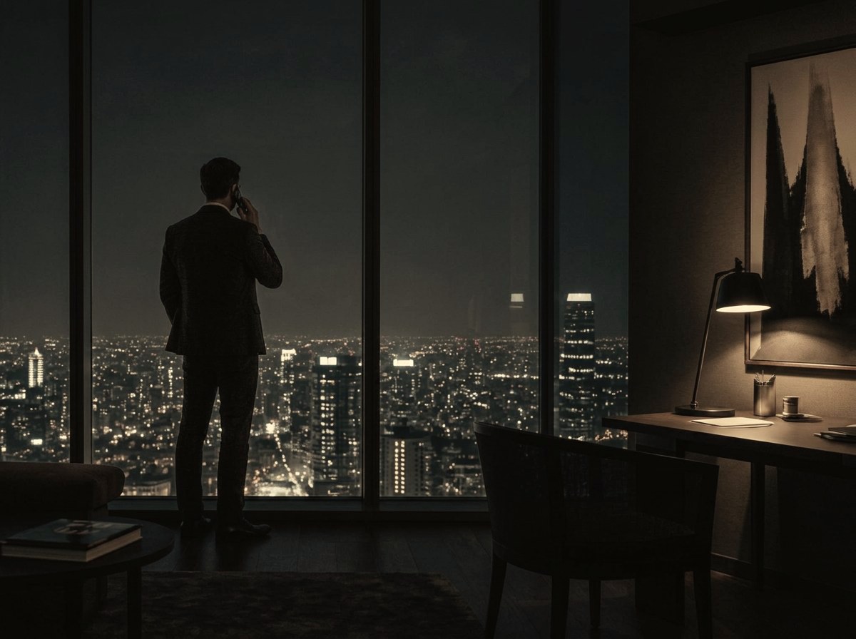 A silhouette of a professional on a phone call by a large window overlooking a city at night.