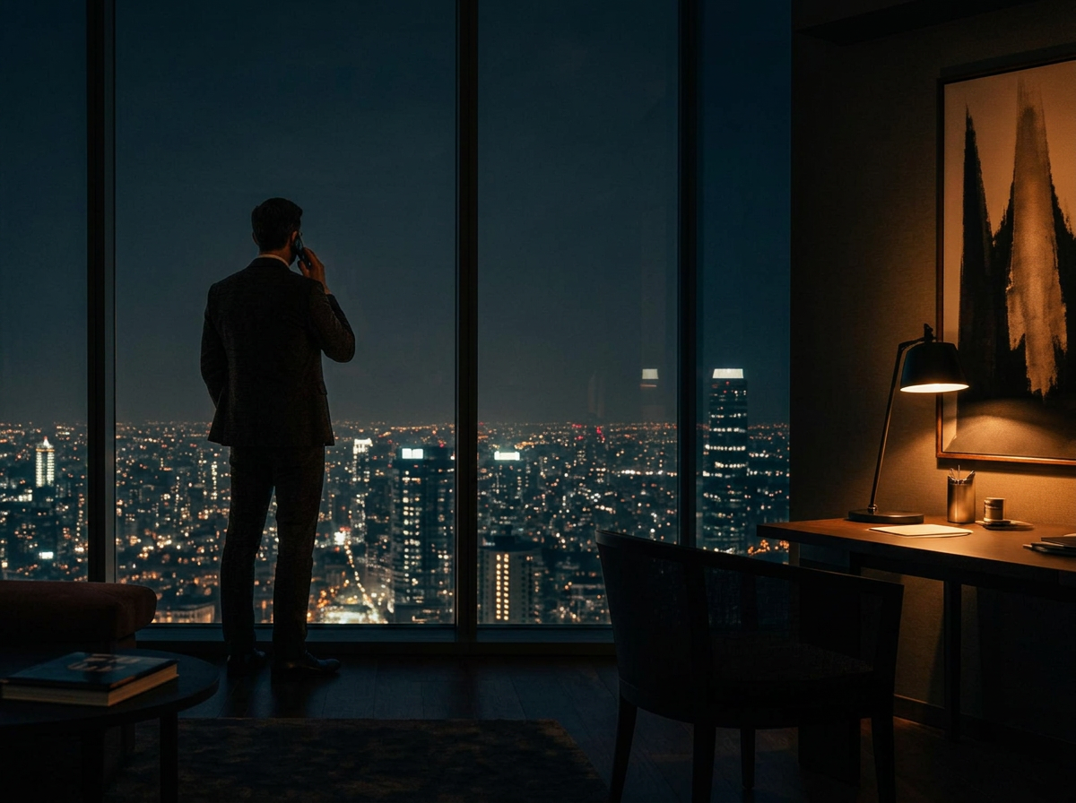 A silhouette of a professional on a phone call by a large window overlooking a city at night.