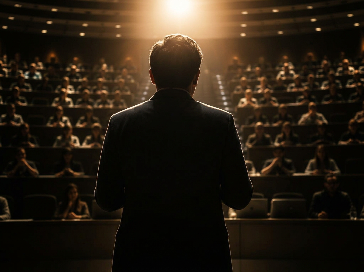 Silhouette of a speaker on stage facing a university lecture hall