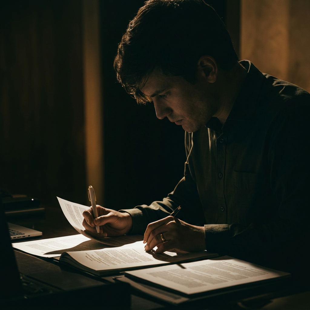 Silhouette of a person annotating printed policy documents at a desk