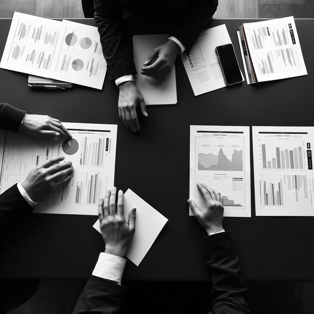 Overhead view of hands reviewing program assessment documents on a conference table
