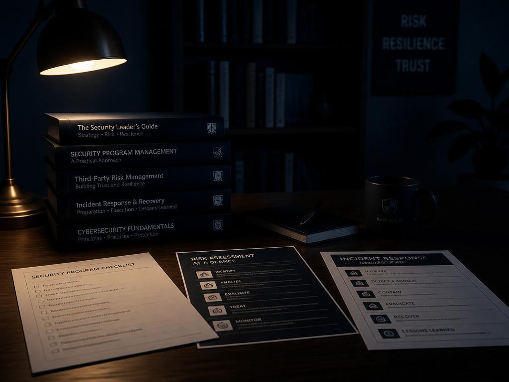 A dimly lit desk with stacked security guides, checklists, and printed one-pagers under a reading lamp.
