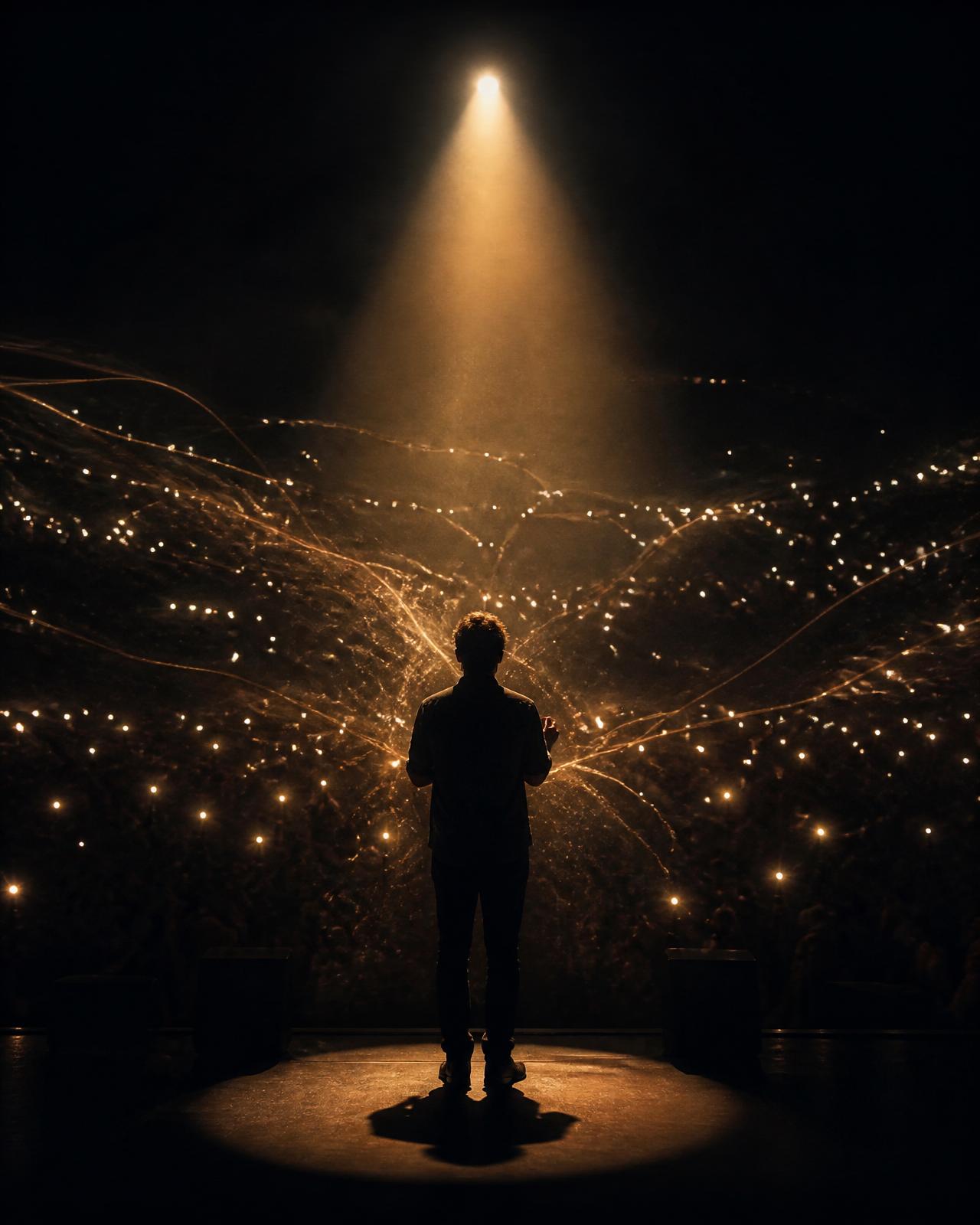 A lone speaker under a spotlight with threads of light reaching into a vast audience, symbolizing the connective power of storytelling.