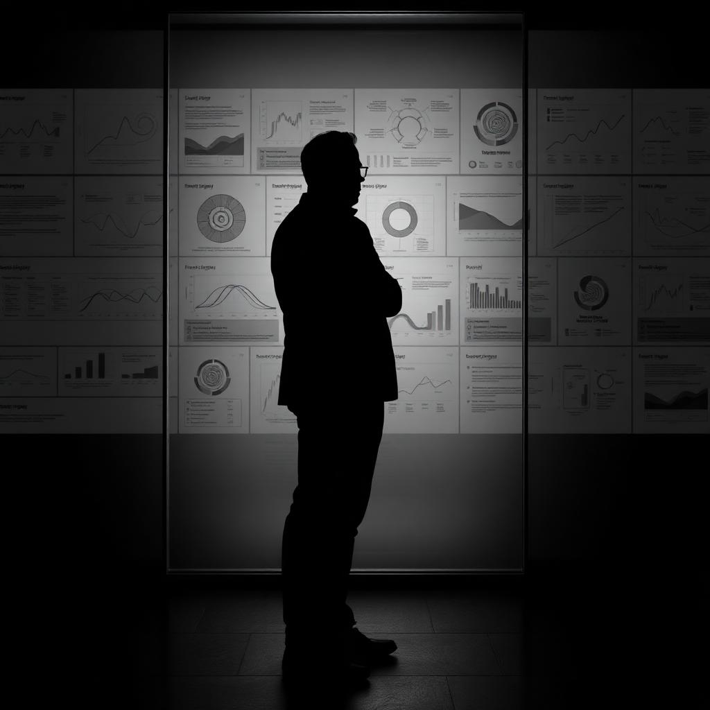 Silhouette of a strategist studying diagrams and roadmaps on a large glass wall