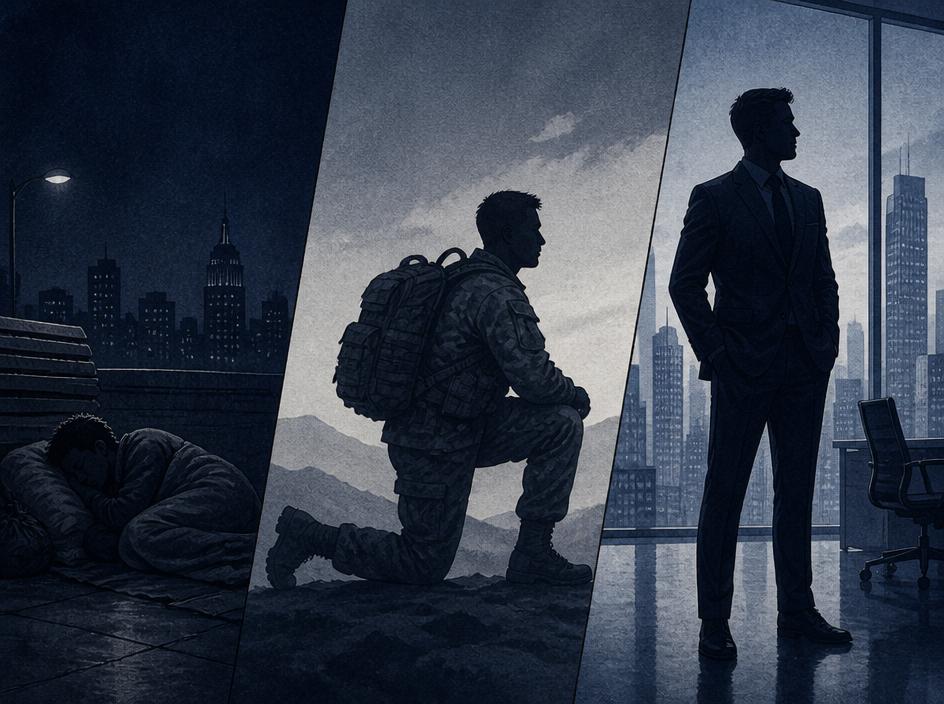 Silhouette triptych: homeless figure sleeping, service member kneeling in combat camo, corporate leader standing.