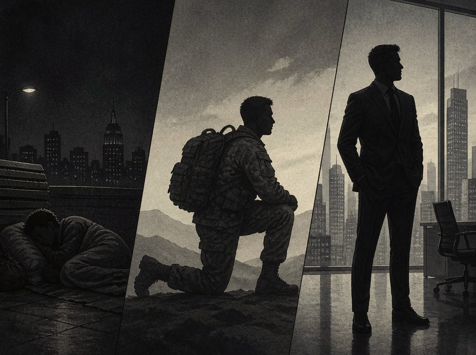 Silhouette triptych: homeless figure sleeping, service member kneeling in combat camo, corporate leader standing.