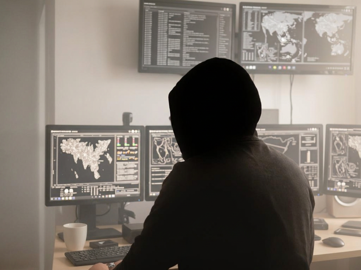 Silhouetted analyst studying reconnaissance maps across multiple monitors in a dark room.