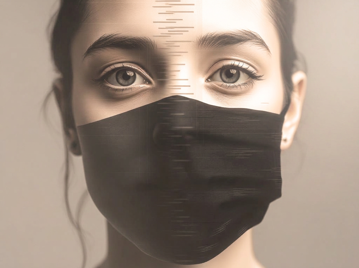Portrait fractured between a real face and a glitching AI-generated deepfake mask.