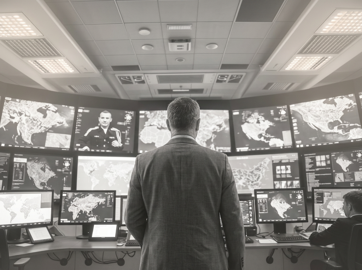 Leader silhouetted in a crisis command center surrounded by operational maps and screens.
