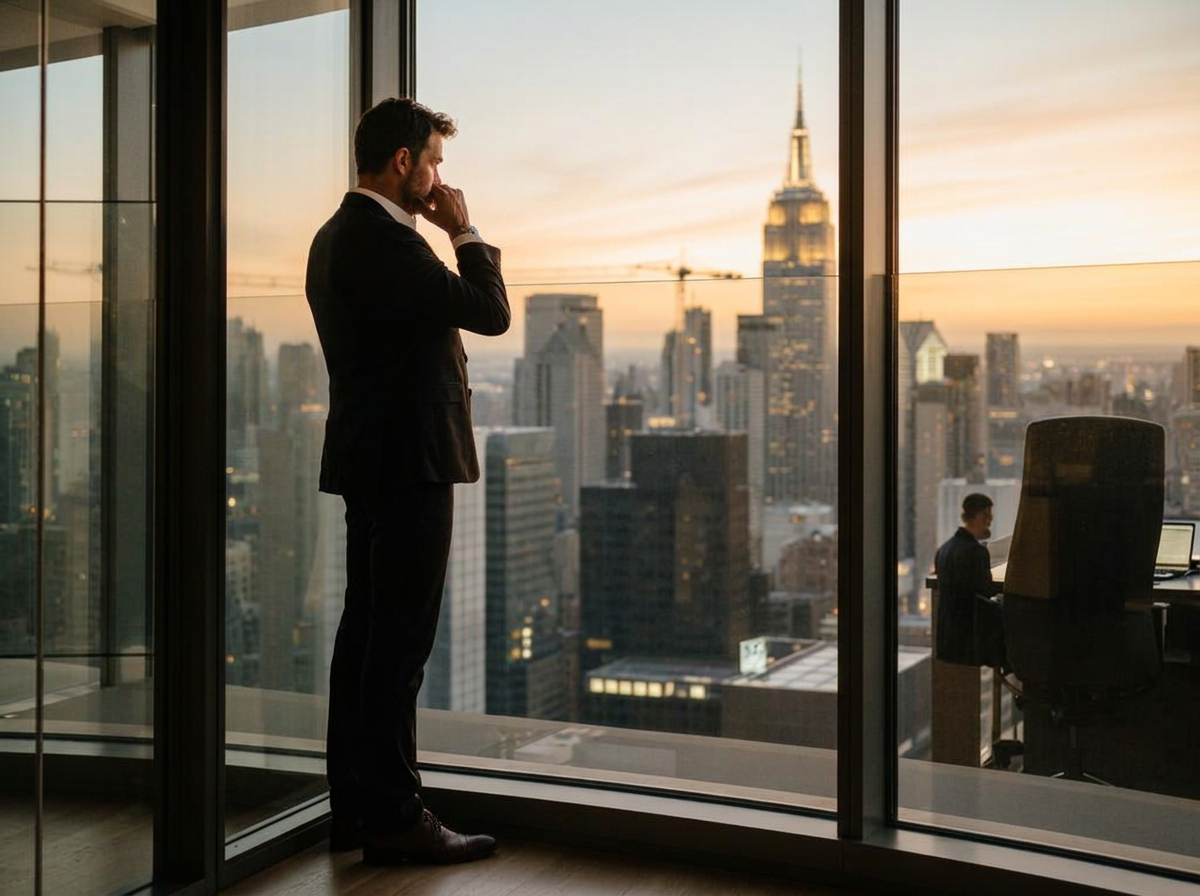 Executive silhouette on a phone call at dusk in a glass corner office overlooking the city.