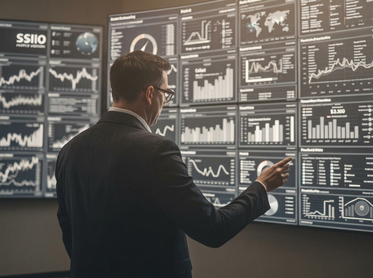Security leader studying a wall of behavioral and risk analytics dashboards.