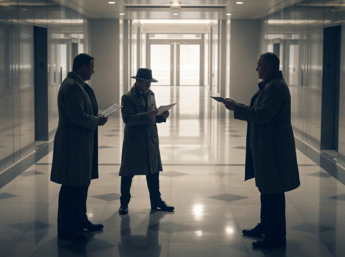 Shadowy figures exchanging documents in a corporate corridor, evoking espionage and influence.