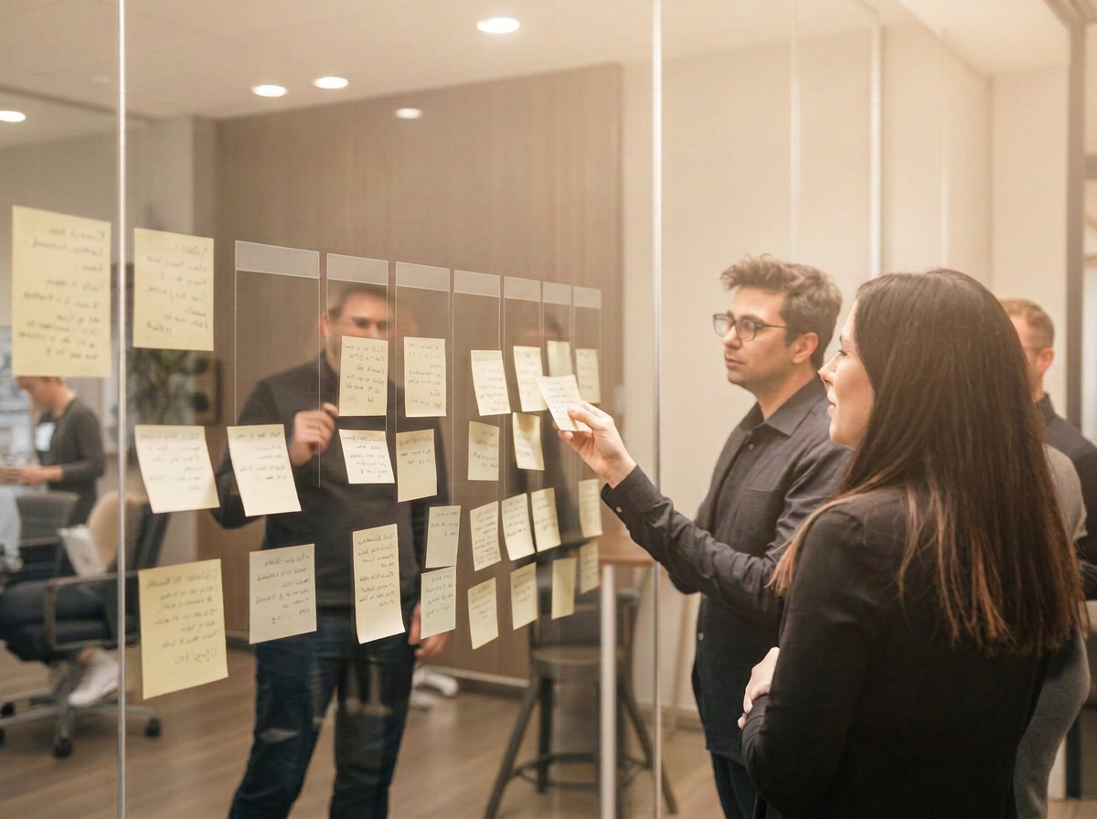 Designers mapping a security program journey with sticky notes on a glass wall.