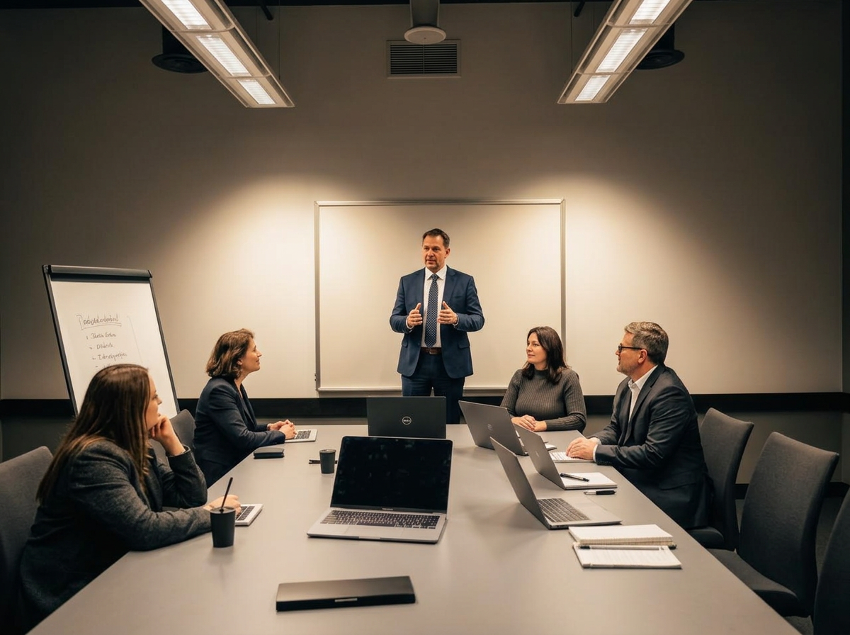 Facilitator leading a small executive workshop around a conference table